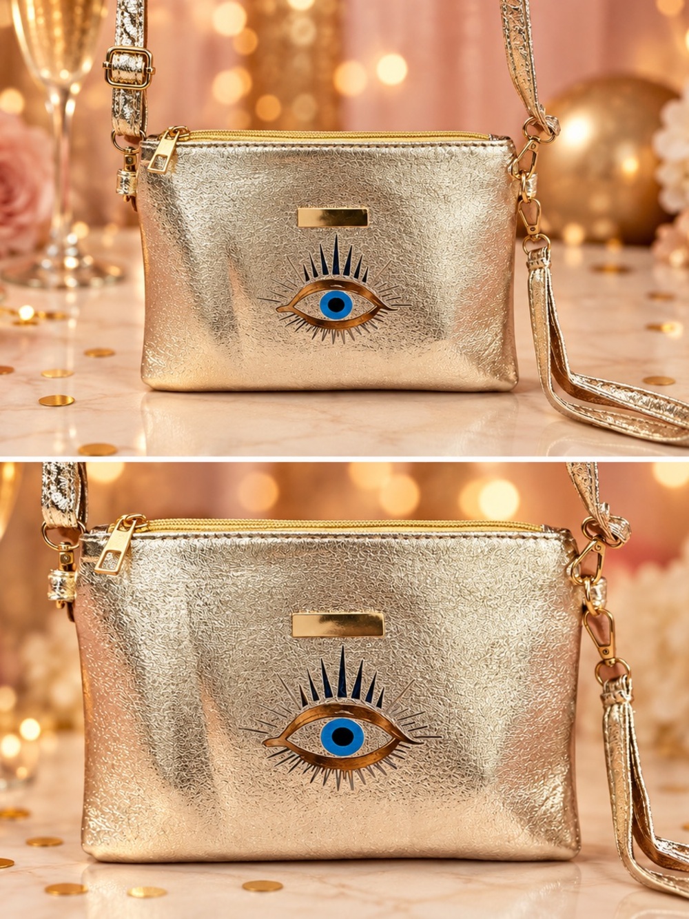 Gold Eye Embellished Crossbody Bag